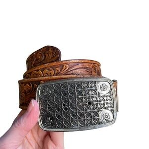 Appaloosa Trading Co Women's 38 Brown Floral Cowhide Leather Belt With Buckle